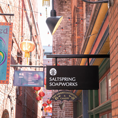 saltspring soapworks store sign amongst lanterns in brick alleyway of Fan Tan Alley