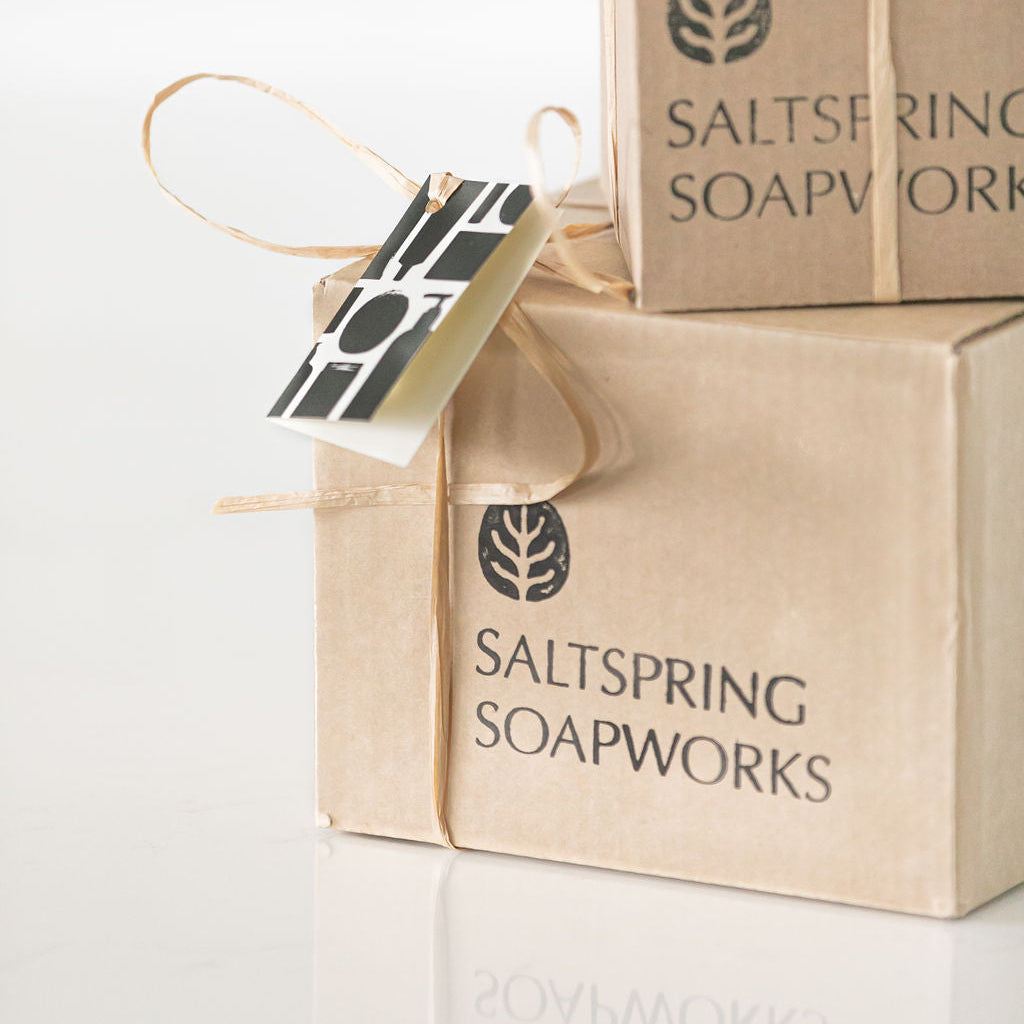 two kraft paper gift boxes wrapped in natural twine and tied with a branded paper tag, stacked on a clean white background. The boxes are printed with the 'SALTSPRING SOAPWORKS' logo.