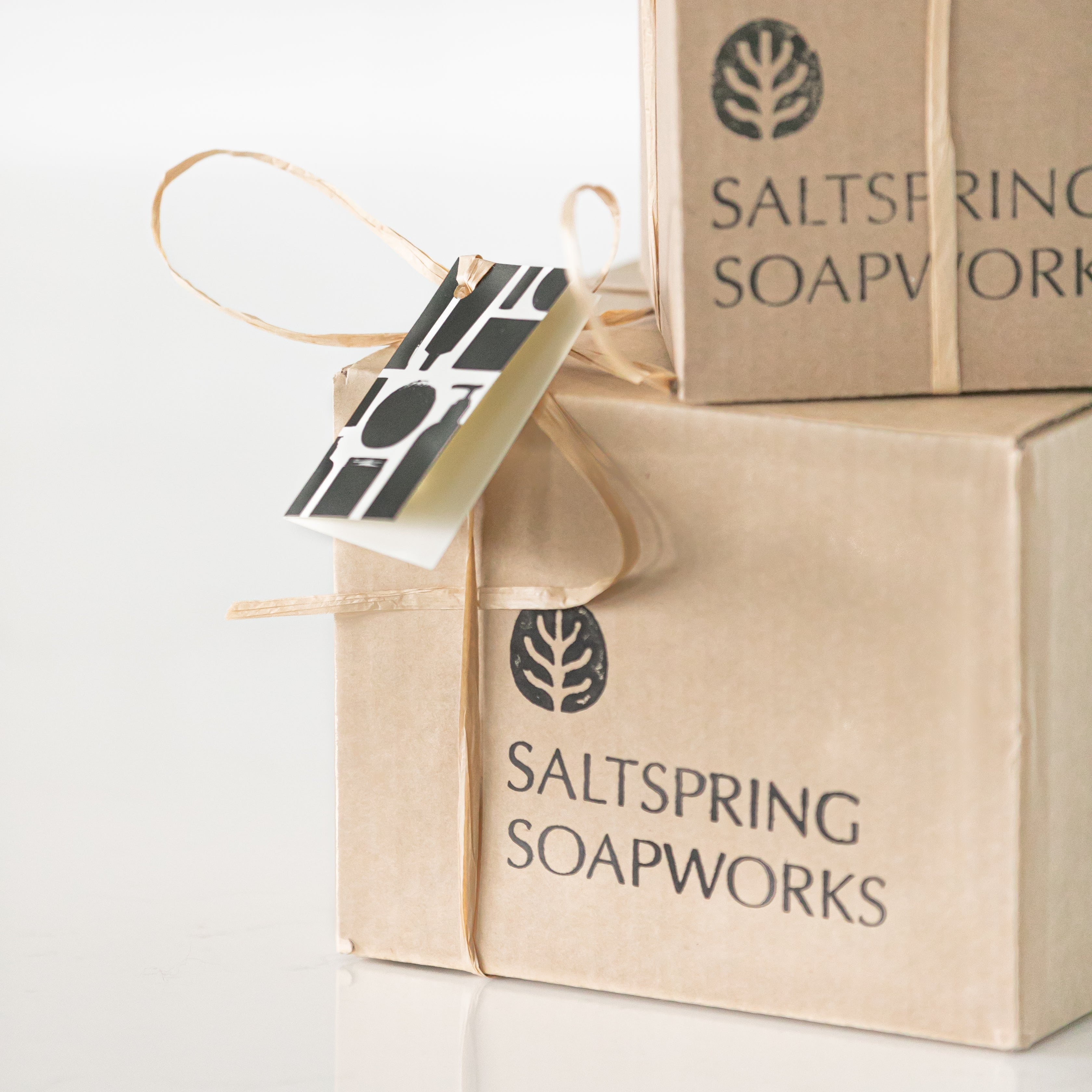 Two boxes from Saltspring Soapworks with a tag on a white background