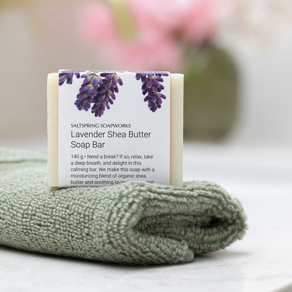 Lavender Shea Butter Soap Bar on a towel