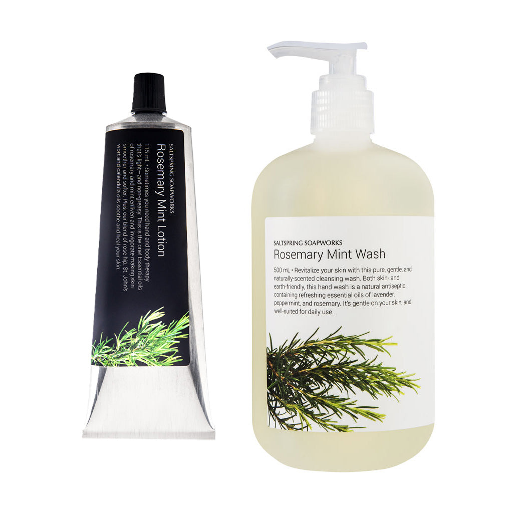 Saltspring Soapworks Rosemary Mint Lotion tube and Rosemary Mint Wash pump bottle