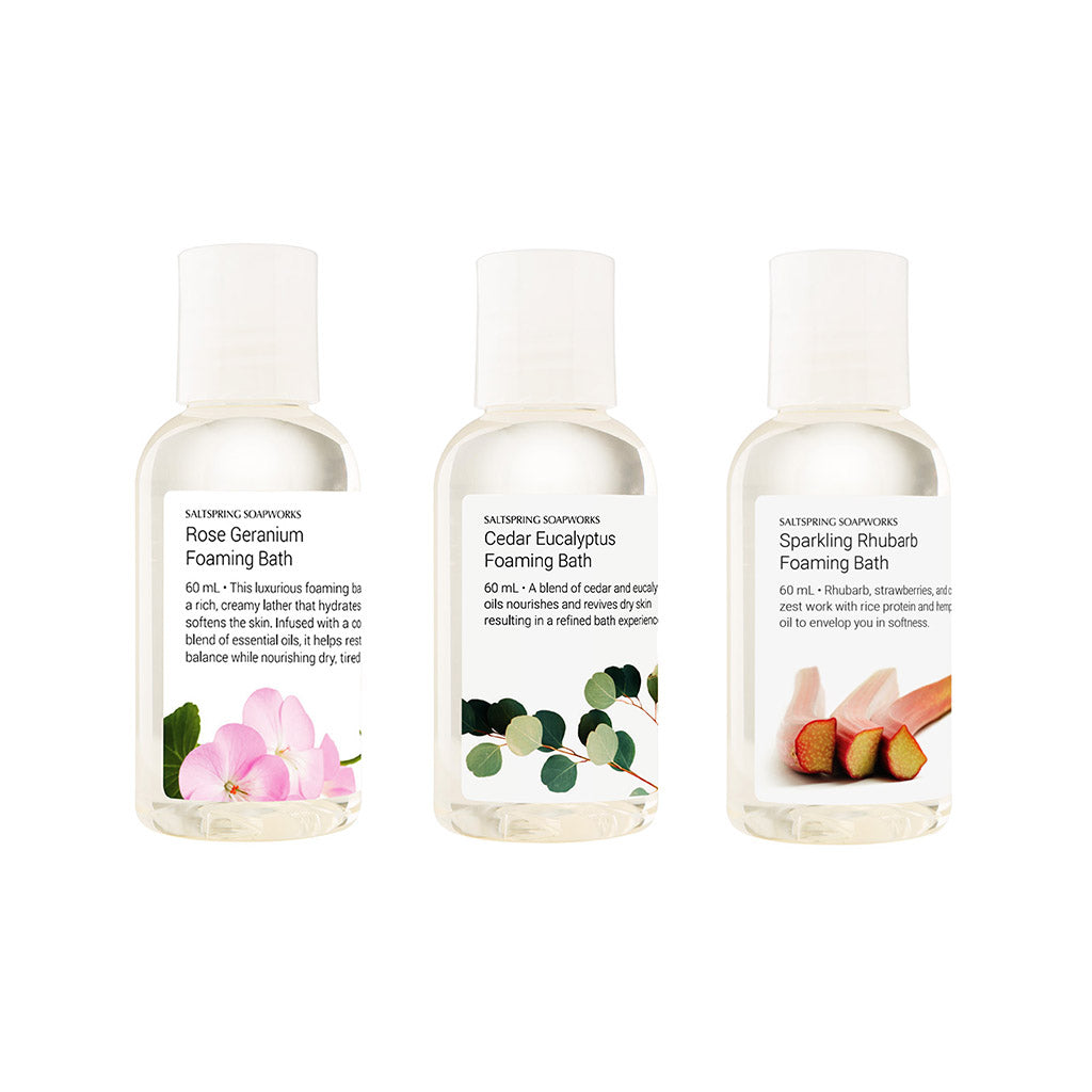 Saltspring Soapworks Foaming Bath trio in Rose Geranium, Cedar Eucalyptus, and Sparkling Rhubarb, 60ml each