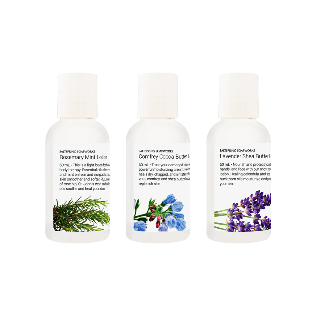 Saltspring Soapworks travel lotion trio in Rosemary Mint, Comfrey Cocoa Butter, and Lavender Shea Butter, 60ml each