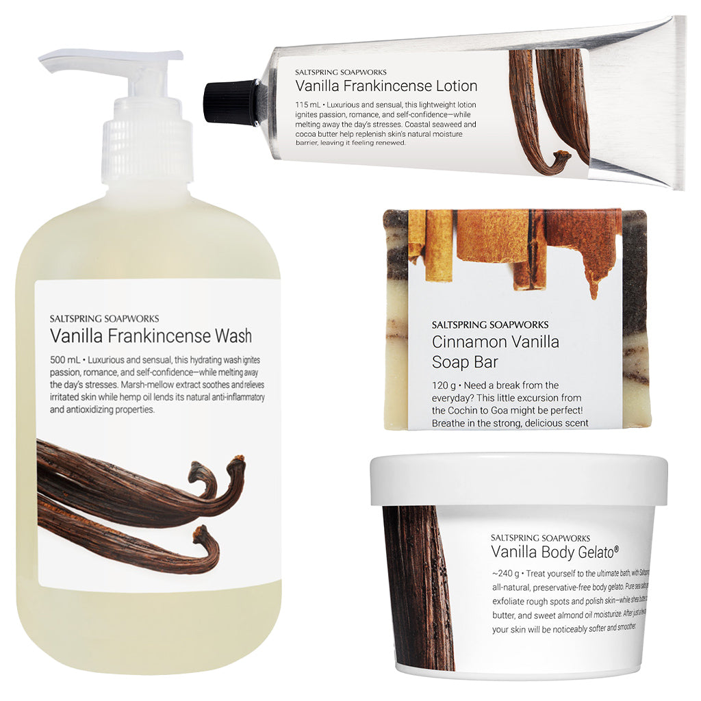 Image of Vanilla Frankincense Gift Set which includes a pump bottle labeled Vanilla Frankincense Wash, a tube labeled Vanilla Frankincense Lotion, a bar of soap labeled Cinnamon Vanilla Soap Bar, and a tub labeled Vanilla Body Gelato.