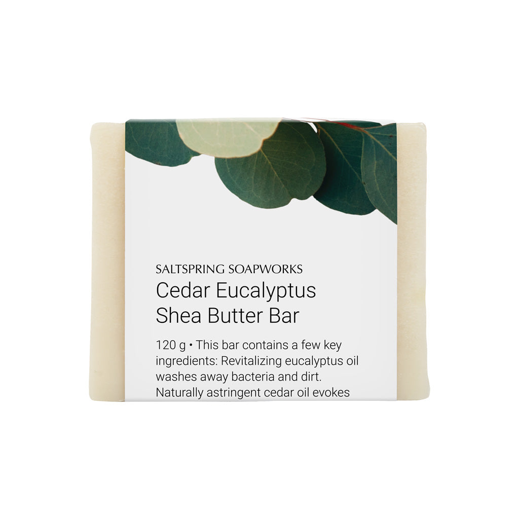 This soap bar contains a few key ingredients: Revitalizing eucalyptus oil washes away bacteria and dirt. Naturally astringent cedar oil evokes feelings of wellness, calm, and vitality.