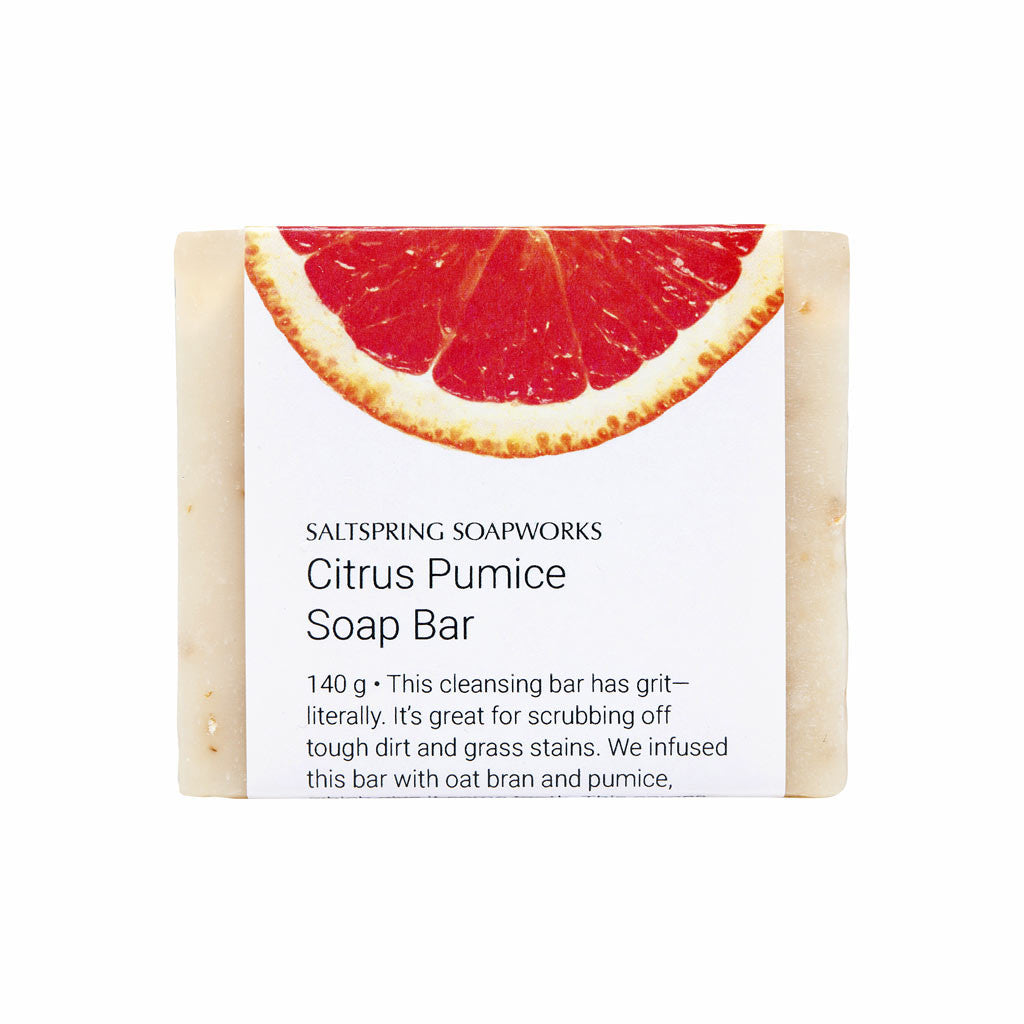 Citrus Pumice Soap Bar This cleansing bar has grit—literally. It’s great for scrubbing off tough dirt and grass stains. We infused this bar with oat bran and pumice, which give it some tooth.