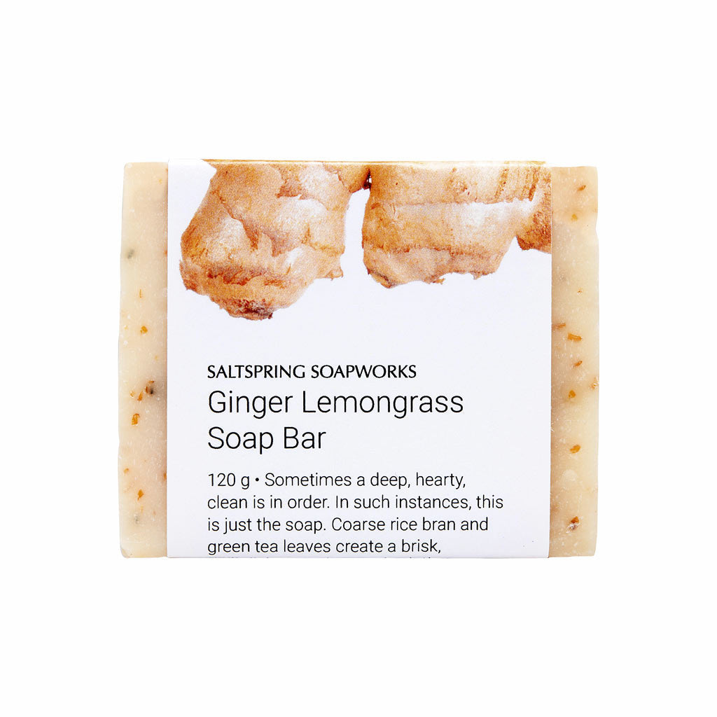Ginger Lemongrass Soap Bar. Coarse rice bran and green tea leaves create a brisk, revitalizing scrub. A sudsy lather ensues, rich with fresh-pressed oils of ginger, lemongrass, and lime.