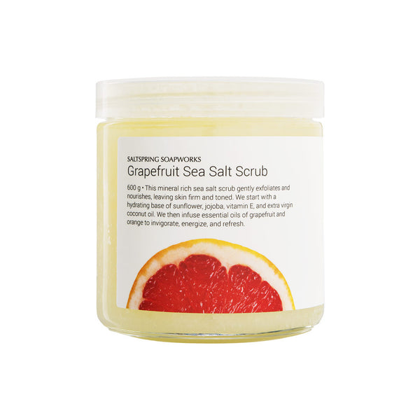 This mineral rich Grapefruit sea salt scrub gently exfoliates and nourishes, leaving skin firm and toned. We start with a hydrating base of sunflower, jojoba, vitamin E, and extra virgin coconut oil.