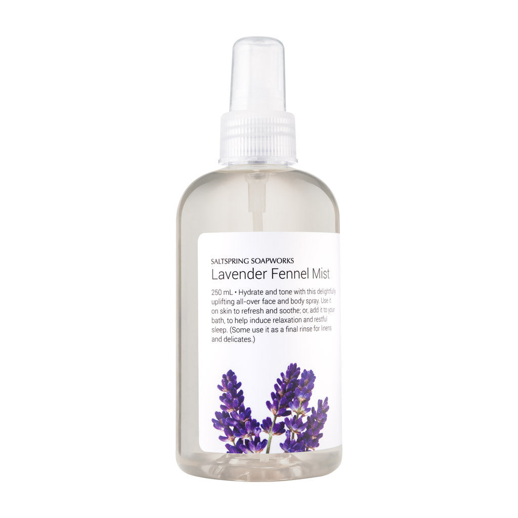 Lavender Fennel Mist Hydrate and tone with this delightfully uplifting all-over face and body spray. Use it on skin to refresh and soothe; or, add it to your bath, to help induce relaxation and restful sleep.