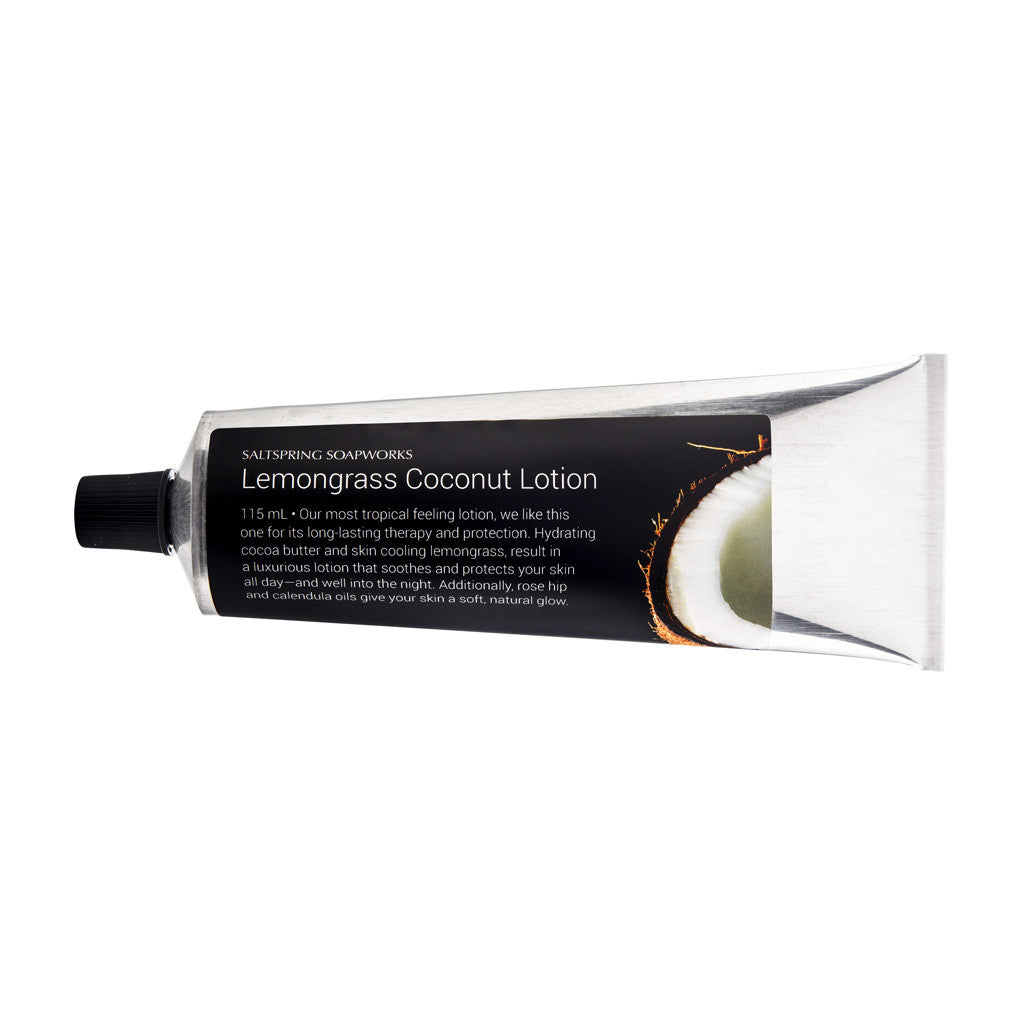 Lemongrass Coconut Lotion. Our most tropical feeling lotion, we like this one for its long-lasting therapy and protection. Hydrating cocoa butter and skin cooling lemongrass, result in a luxurious lotion that soothes and protects your skin all day—and well into the night.