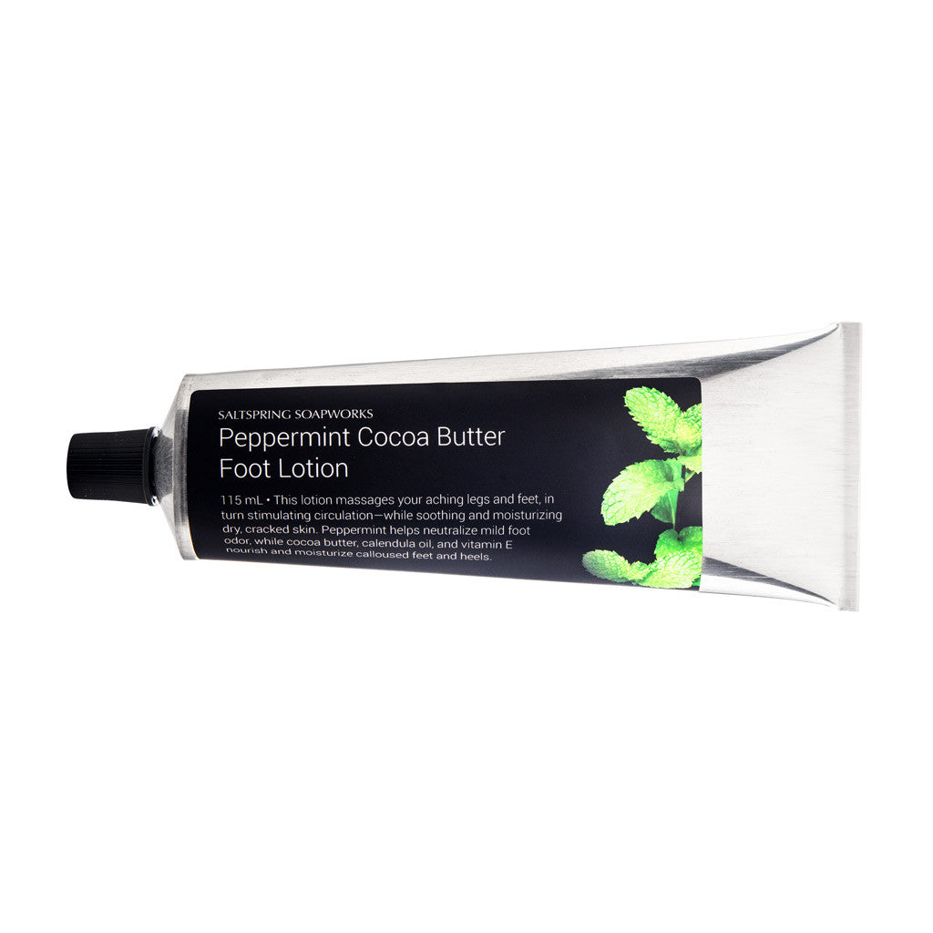 Peppermint Cocoa Butter Foot Lotion. This lotion massages your aching legs and feet, in turn stimulating circulation—while soothing and moisturizing dry, cracked skin. Peppermint helps neutralize mild foot odor, while cocoa butter, calendula oil, and vitamin Enourish and moisturize calloused feet and heels.