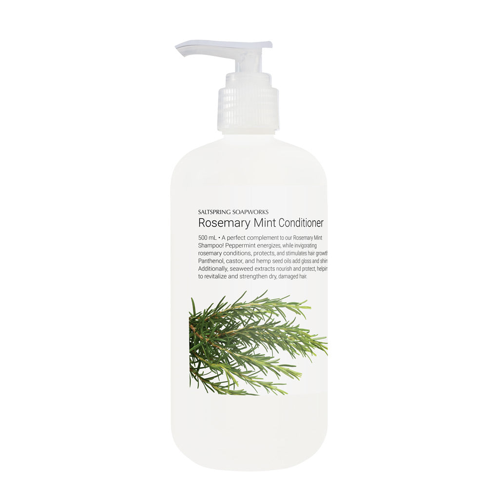 This conditioner is the perfect complement to our Rosemary Mint Shampoo! Peppermint energizes, while invigorating rosemary conditions, protects, and stimulates hair growth. Panthenol, castor, and hemp seed oils add gloss and shine. Additionally, seaweed extracts nourish and protect, helping to revitalize and strengthen dry, damaged hair.