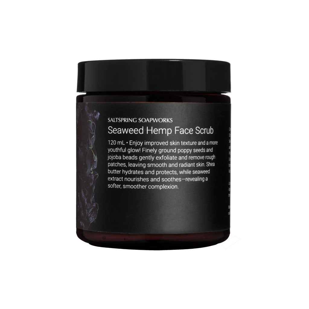 Seaweed Hemp Face Scrub. Enjoy improved skin texture and a more youthful glow! Finely ground poppy seeds and jojoba beads gently exfoliate and remove rough patches, leaving smooth and radiant skin. Shea butter hydrates and protects, while seaweed extract nourishes and soothes—revealing a softer, smoother complexion.
