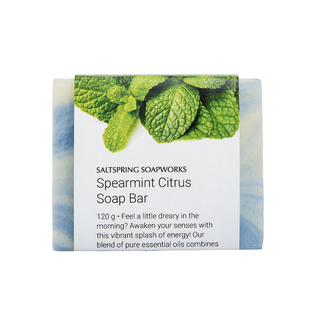 Spearmint Citrus Soap Bar. Feel a little dreary in the morning? Awaken your senses with this vibrant splash of energy! Our blend of pure essential oils combines spearmint, zesty lime, and sparkling grapefruit. It’s a Saltspring classic, and one of our favorite ways to wake up.