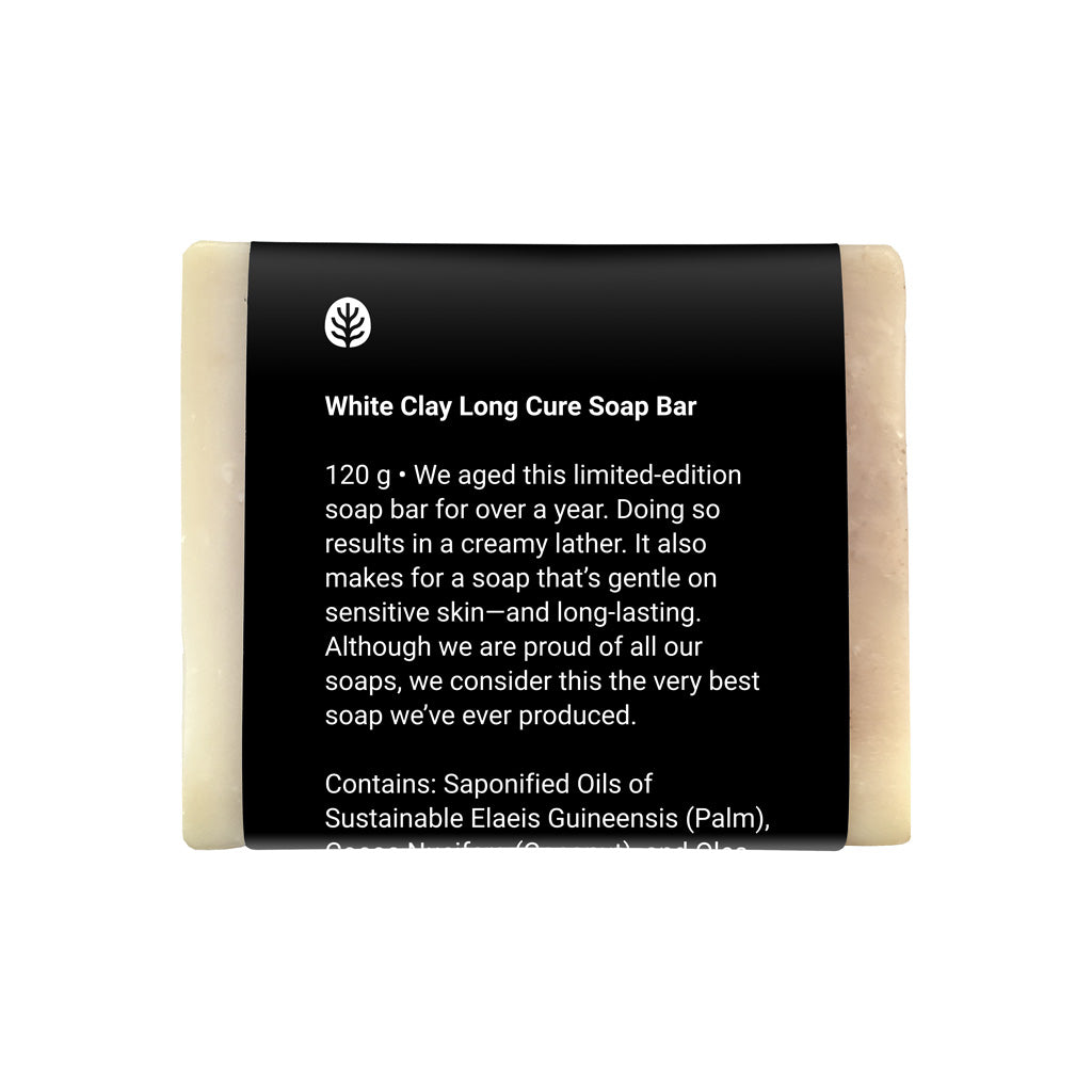 We aged this limited-edition soap bar for over a year. Doing so results in a creamy lather. It also makes for a soap that’s gentle on sensitive skin—and long-lasting. Although we are proud of all our soaps, we consider this the very best soap we’ve ever produced.