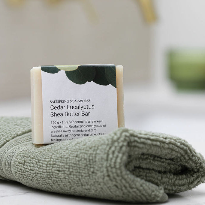 Saltspring Soapworks Shea Butter Bar on a green towel