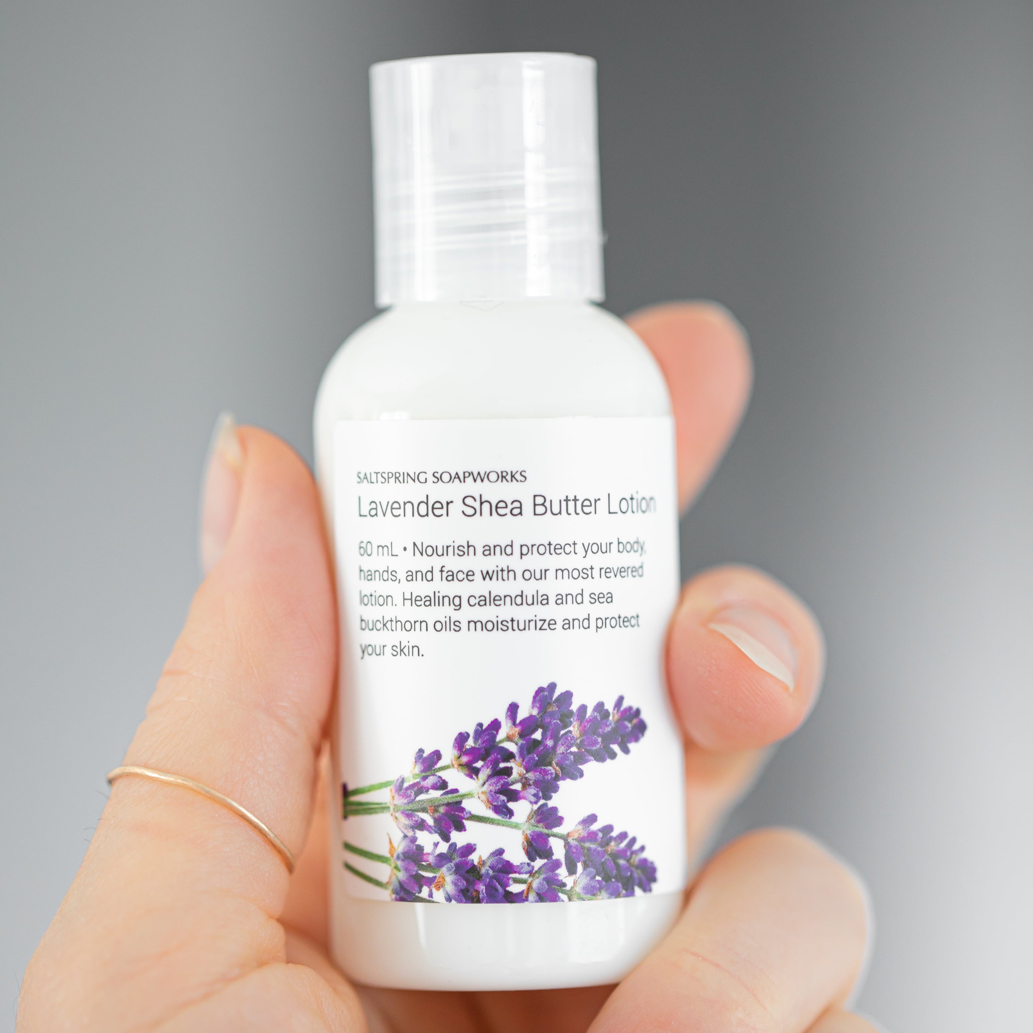 Hand holding a bottle of Lavender Shea Butter Lotion with a blurred background