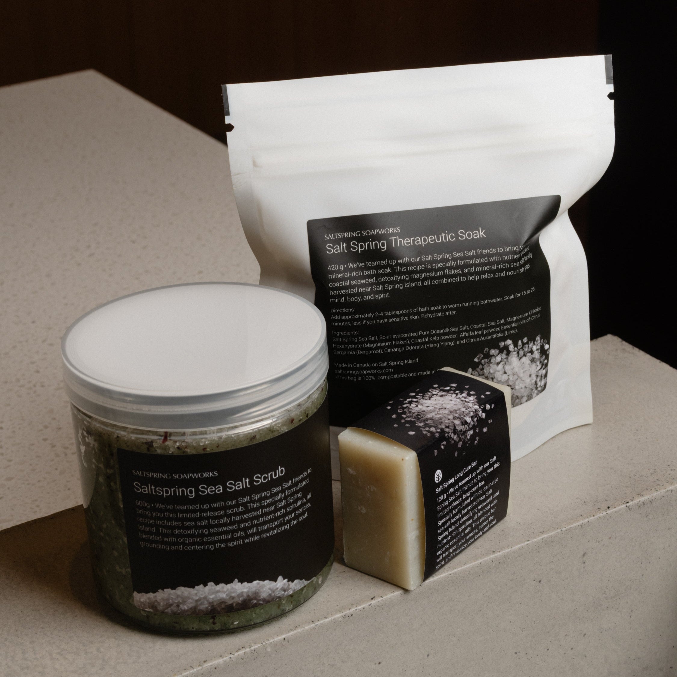 Grouping of Saltspring Sea Salt Scrub, Saltspring Therapeutic Soak and Saltspring Long Cure Bar