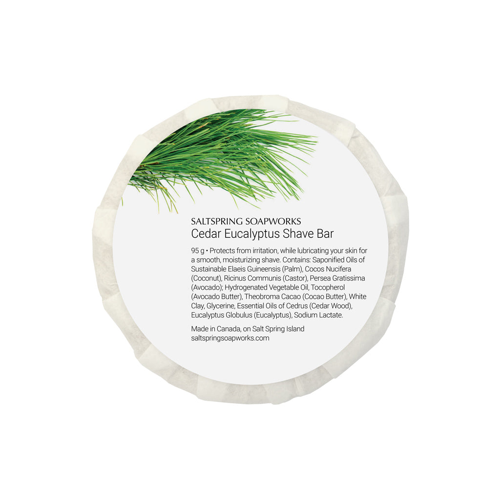 This Cedar Eucalyptus Shave Bar Protects from irritation, while lubricating your skin for a smooth, moisturizing shave.