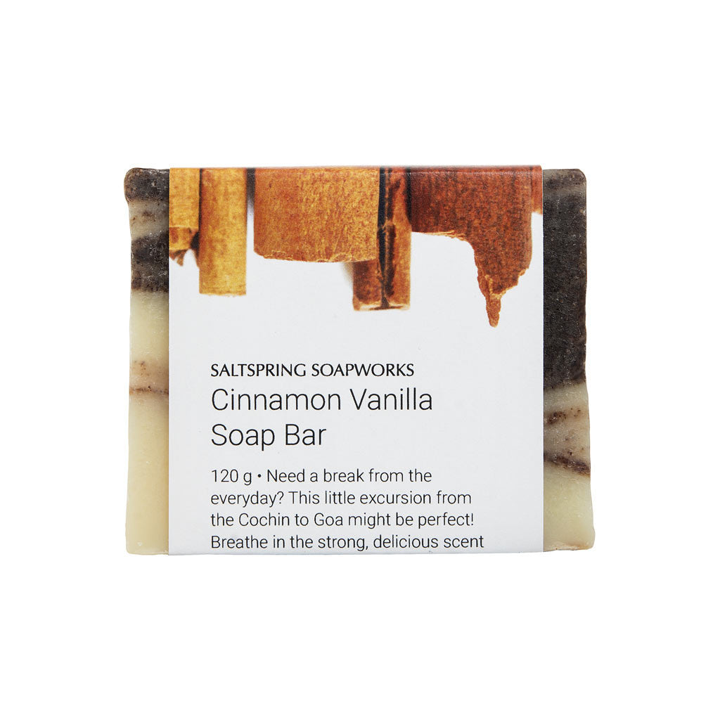 Cinnamon Vanilla Soap Bar  Breathe in the strong, delicious scent of spice from Malabar on the Indian Coast. Pure essential oils of cinnamon, clove, and pure vanilla extract make for an exotic, entrancing, and warm bath experience.