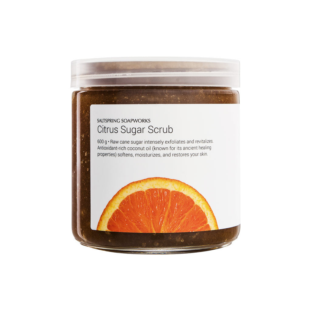 Citrus Sugar Scrub Raw cane sugar intensely exfoliates and revitalizes. Antioxidant-rich coconut oil (known for its ancient healing properties) softens, moisturizes, and restores your skin.