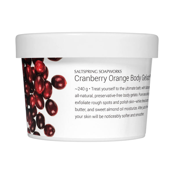 Our Cranberry Orange Body Gelato is all-natural and preservative-free, featuring shea butter, cocoa butter, and sweet almond oil to nourish and moisturize.