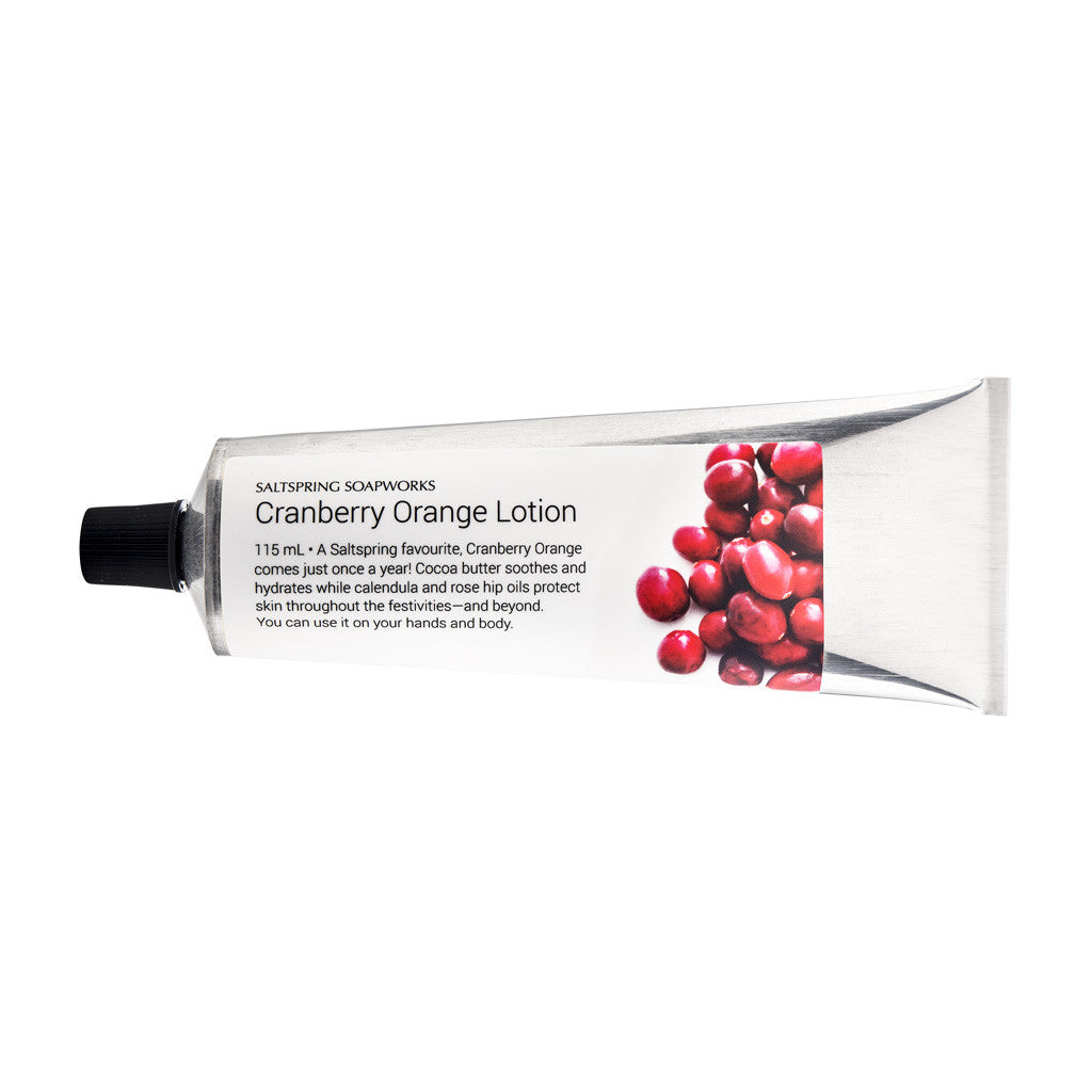 Cranberry Orange Lotion comes just once a year! Cocoa butter soothes and hydrates while calendula and rose hip oils protect skin throughout the festivities—and beyond. You can use it on your hands and body.
