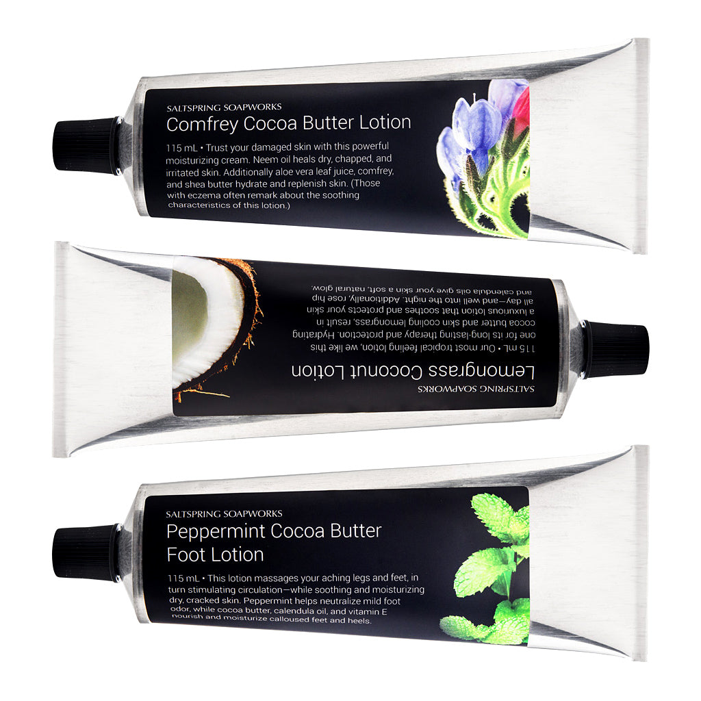 Comfrey Cocoa Butter Lotion heals dry, chapped, and irritated skin, while hydrating and replenishing. Our luxurious Lemongrass Coconut Lotion offers long-lasting therapy and protection—giving skin a soft, natural glow. Peppermint Cocoa Butter Foot Lotion massages aching legs and feet. This stimulates circulation—while soothing and moisturizing dry, cracked skin.