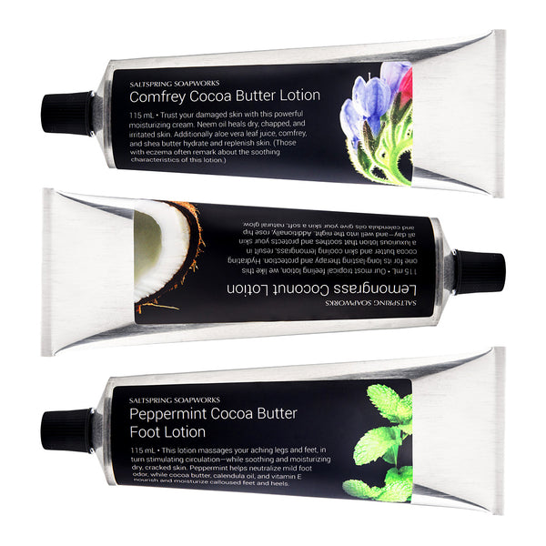 Comfrey Cocoa Butter Lotion heals dry, chapped, and irritated skin, while hydrating and replenishing. Our luxurious Lemongrass Coconut Lotion offers long-lasting therapy and protection—giving skin a soft, natural glow. Peppermint Cocoa Butter Foot Lotion massages aching legs and feet. This stimulates circulation—while soothing and moisturizing dry, cracked skin.