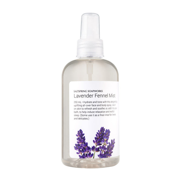 Lavender Fennel Mist  Hydrate and tone with this delightfully uplifting all-over face and body spray. Use it on skin to refresh and soothe; or, add it to your bath, to help induce relaxation and restful sleep.