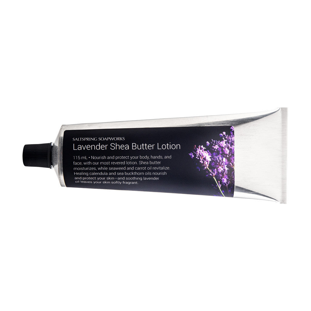 Lavender Shea Butter Lotion. Nourish and protect your body, hands, and face, with our most revered lotion. Shea butter moisturizes, while seaweed and carrot oil revitalize. Healing calendula and sea buckthorn oils nourish and protect your skin—and soothing lavender oil leaves your skin softly fragrant.
