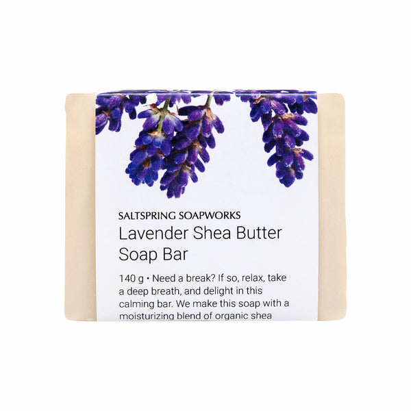 Lavender Shea Butter Soap Bar. Need a break? If so, relax, take a deep breath, and delight in this calming bar. We make this soap with a moisturizing blend of organic shea butter and soothing lavender essential oils. In turn, you get a luxuriously lathering—and long lasting—bar that melts your stress away.
