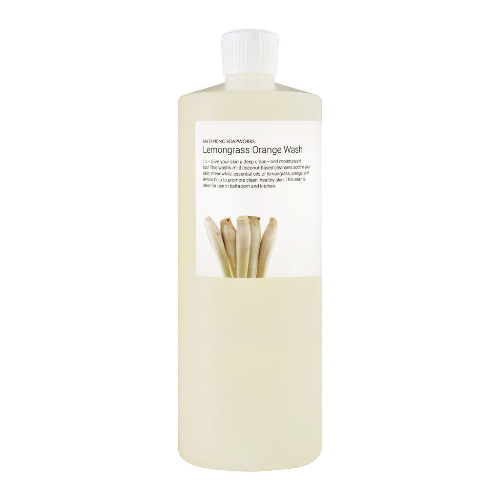 Lemongrass Orange Wash (1 Liter) re-fill. Give your skin a deep clean—and moisturize it too, with this liquid soap! This wash’s mild coconut-based cleansers soothe your skin; meanwhile, essential oils of lemongrass, orange, and lemon help to promote clean, healthy skin.