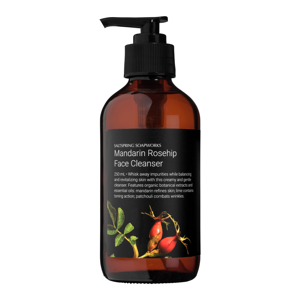 Manderin Rosehip Face Cleanser. Whisk away impurities while balancing and revitalizing skin with this creamy and gentle cleanser. Features organic botanical extracts and essential oils: mandarin refines skin; lime contains toning action; patchouli combats wrinkles.