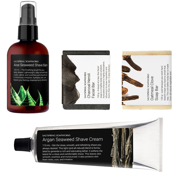 Men's gift set. This natural shave and body collection has him covered—from beard to body. This collection of shave products, facial soap, and (a very popular) soap bar make for a gift he can enjoy daily.