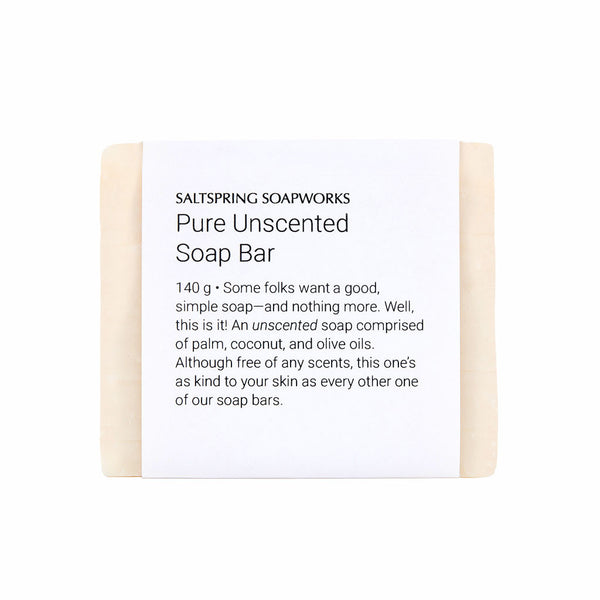 Pure Unscented Soap Bar. Some folks want a good, simple soap—and nothing more. Well, this is it! An unscented soap comprised of palm, coconut, and olive oils. Although free of any scents, this one’s as kind to your skin as every other one of our soap bars.