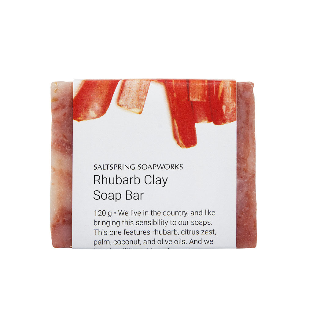 Rhubarb Clay Soap Bar. We live in the country, and like bringing this sensibility to our soaps.This one features rhubarb, citrus zest, palm, coconut, and olive oils. And we toss in a little oat bran for a nice deep scrub.