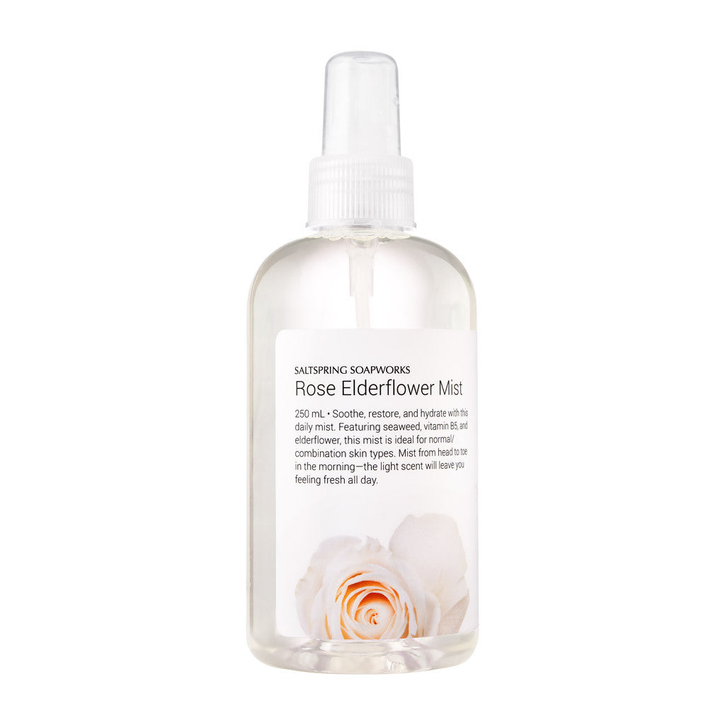 Rose Elderflower Mist. Soothe, restore, and hydrate with this daily mist. Featuring seaweed, vitamin B5, and elderflower, this mist is ideal for normal/combination skin types. Mist from head to toe in the morning—the light scent will leave you feeling fresh all day. 