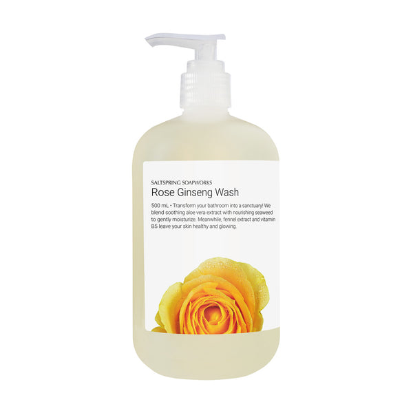 Rose Ginseng Wash. Transform your bathroom into a sanctuary! We blend soothing aloe vera extract with nourishing seaweed to gently moisturize. Meanwhile, the inclusion of fennel extract and vitamin B5 in this liquid soap will leave your skin healthy and glowing.