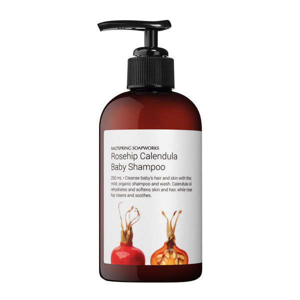 Our Rosehip Calendula Baby Shampoo is a mild, organic, shampoo and wash. Rose hip gently cleans and soothes your baby’s hair and skin. Calendula oil rehydrates and softens skin and hair. It’s lathers nicely, and leaves skin moist and healthy.