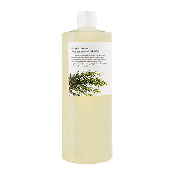 Rosemary Mint Wash (1 Liter) Re-fill. Revitalize your skin with this pure, gentle, and naturally-scented cleansing liquid soap. Both skin- and earth-friendly, this hand and body wash is a natural antiseptic containing refreshing essential oils of lavender, peppermint, and rosemary. It’s gentle on your skin, and well-suited for daily use.