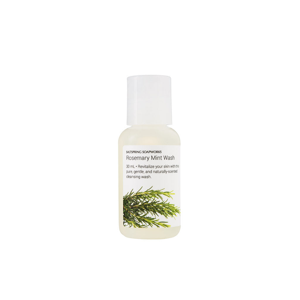 Rosemary Mint Wash (Travel Size) Revitalize your skin with this pure, gentle, and naturally-scented cleansing liquid soap (for hand and body). It’s the same Rosemary Mint Wash you enjoy at home—in a pint size package, ready to take on your travels!