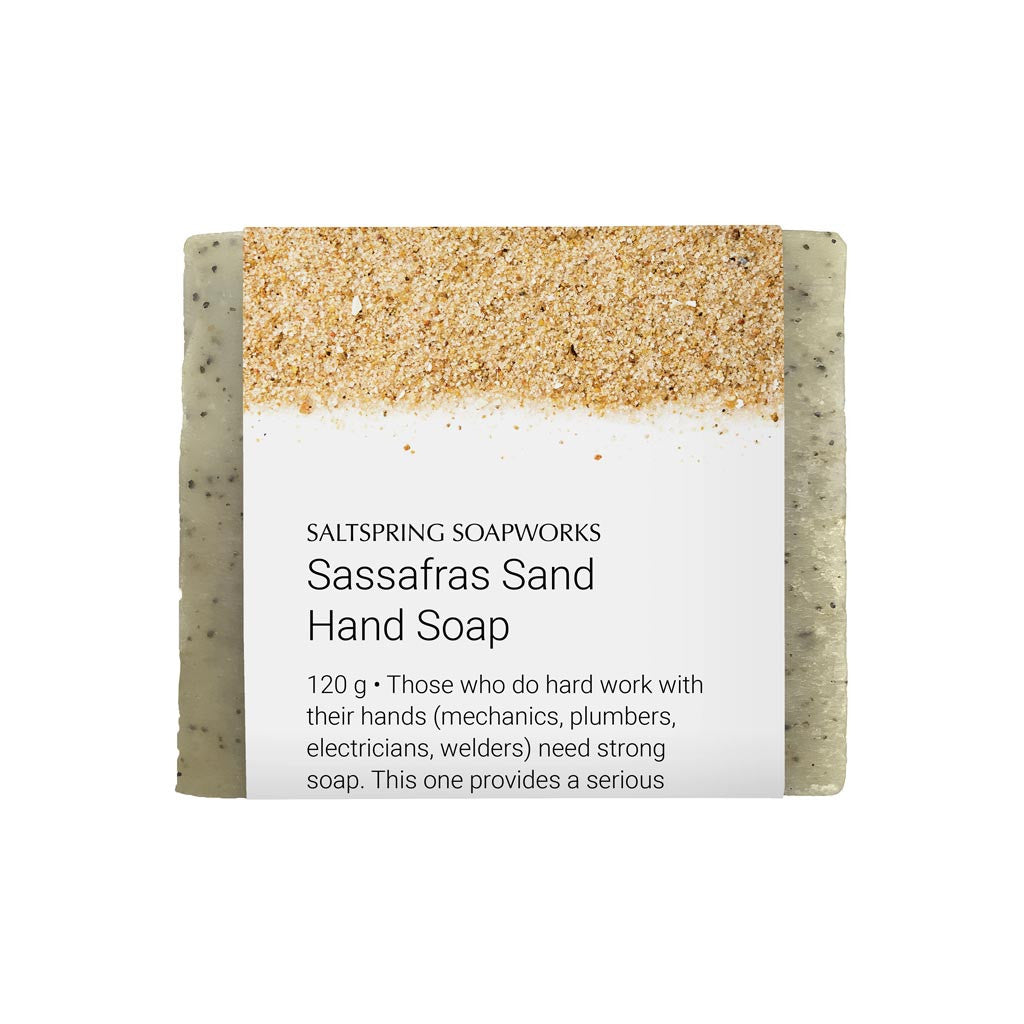 Sassafras Sand Hand Soap Bar. Those who do hard work with their hands (mechanics, plumbers, electricians, welders) need strong soap. This one provides a serious scrub—courtesy of sharp sand. Meanwhile, oils of coconut, olive, tea tree, and anise sooth and heal. BTW: This one also works nicely on elbows, knees, and heels!