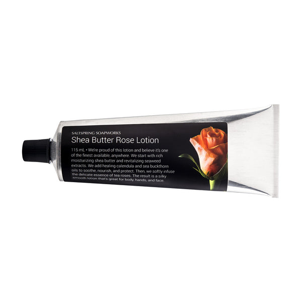 Shea Butter Rose Lotion. We’re proud of this lotion and believe it’s one of the finest available, anywhere. We start with rich moisturizing shea butter and revitalizing seaweed extracts. We add healing calendula and sea buckthorn oils to soothe, nourish, and protect. Then, we softly infuse the delicate essence of tea roses. The result is a silky smooth lotion that’s great for body, hands, and face.