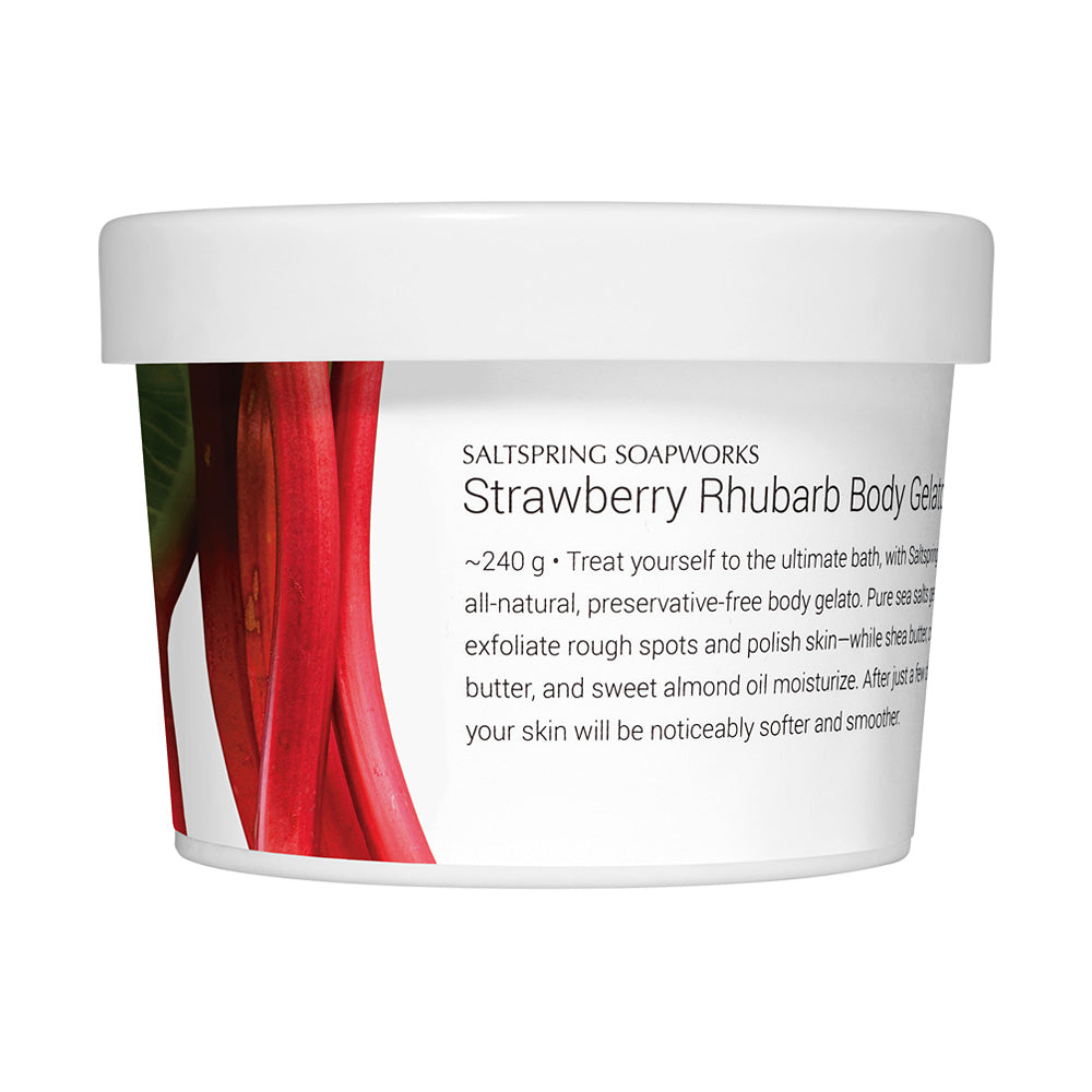 Straberry Rhubarb Body Gelato. If there were such a thing as a First Aid kit for the soul, it might just be a fresh tub of Body Gelato®. No matter how tired, weary, or beat-up you feel, this full body bath scrub will start the healing. (Pair it with a good book for added effect.)