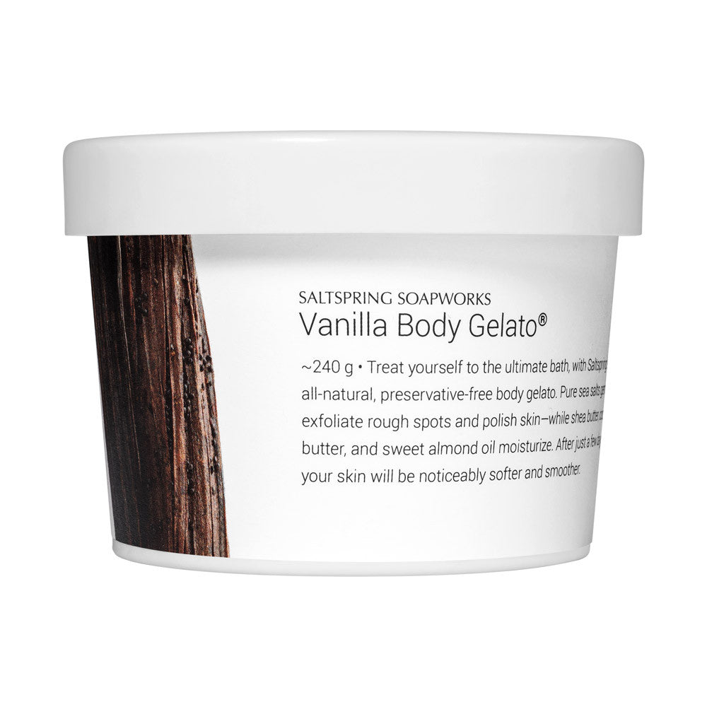 Vanilla Body Gelato. Warm and heady vanilla takes center-stage with this unforgettable little number. You know Body Gelato® as a natural and preservative free body scrub. This one’s special because of its familiar flavor.