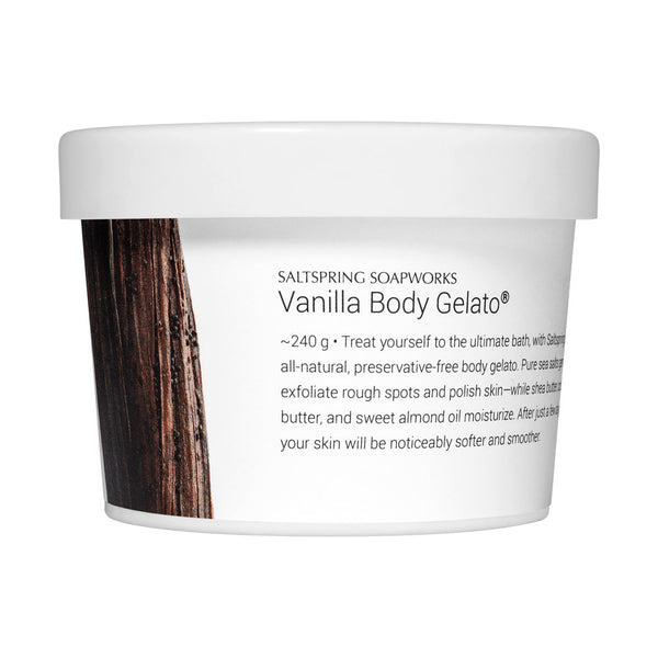 Vanilla Body Gelato. Warm and heady vanilla takes center-stage with this unforgettable little number. You know Body Gelato® as a natural and preservative free body scrub. This one’s special because of its familiar flavor.