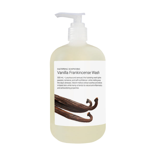 vanilla-frankincense-wash-(500ml). Luxurious and sensual, this hydrating wash ignites passion, romance, and self-confidence—while melting away the day’s stresses. Marsh-mellow extract soothes and relieves irritated skin while hemp oil lends its natural anti-inflammatory and antioxidizing properties.