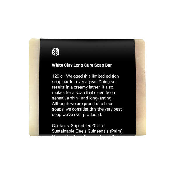 We aged this limited-edition soap bar for over a year. Doing so results in a creamy lather. It also makes for a soap that’s gentle on sensitive skin—and long-lasting. Although we are proud of all our soaps, we consider this the very best soap we’ve ever produced.